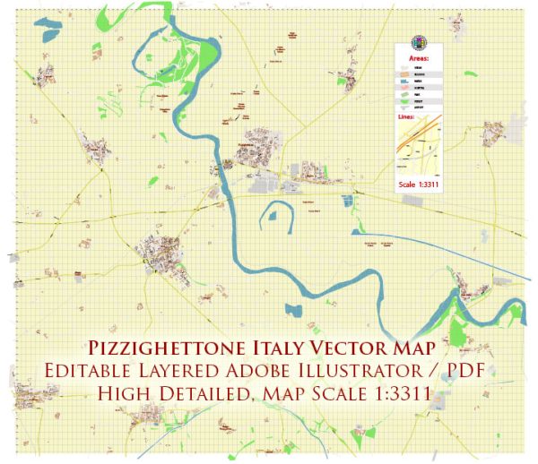 Pizzighettone Italy Map Vector City Plan High Detailed Street Map editable Adobe Illustrator in layers