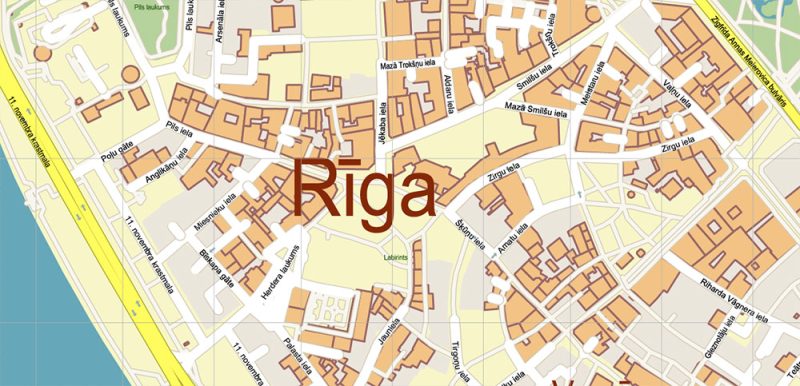 Riga Latvia Map Vector City Plan High Detailed Street Map editable Adobe Illustrator in layers
