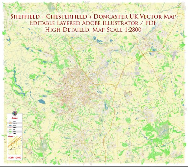 Sheffield Area UK Map Vector City Plan High Detailed Street Map editable Adobe Illustrator in layers