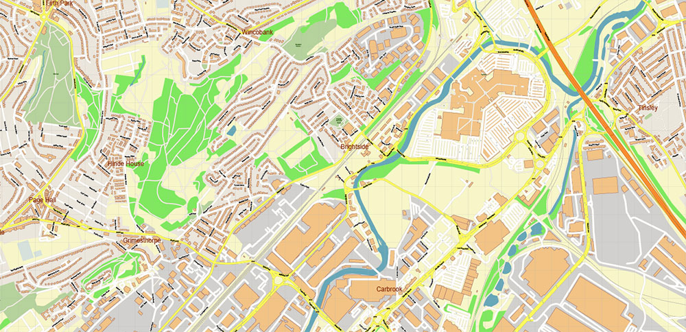 Sheffield Area UK Map Vector City Plan High Detailed Street Map editable Adobe Illustrator in layers