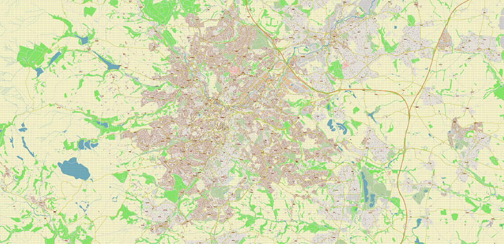 Sheffield Area UK PDF Vector Map: City Plan High Detailed Street Map editable Adobe PDF in layers