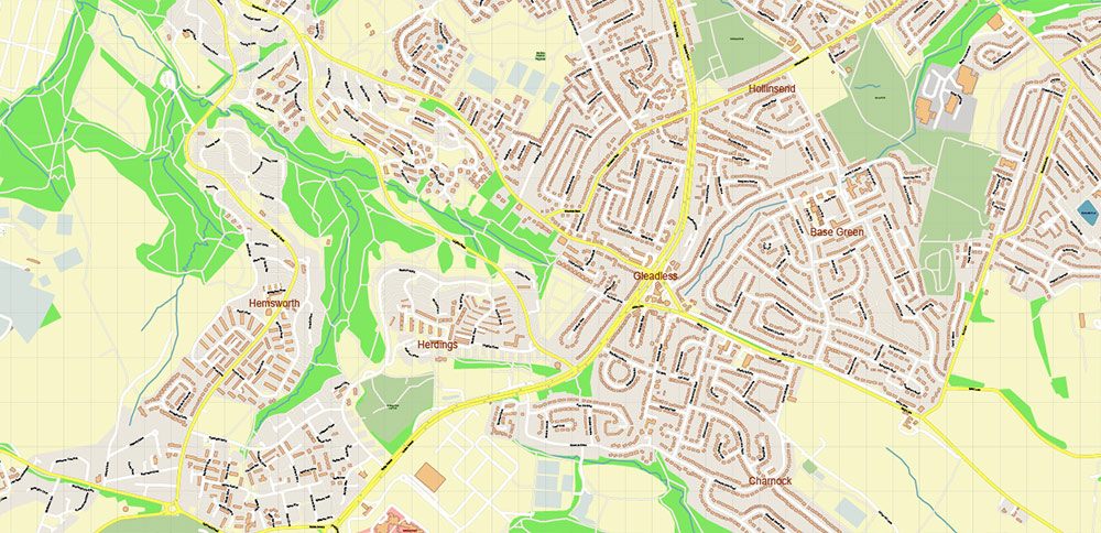 Sheffield Area UK PDF Vector Map: City Plan High Detailed Street Map editable Adobe PDF in layers