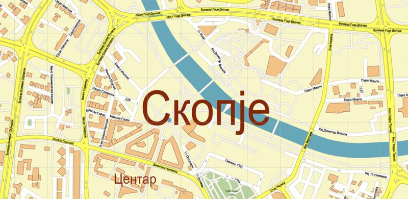 Skopje Macedonia Map Vector City Plan High Detailed Street Map editable Adobe Illustrator in layers