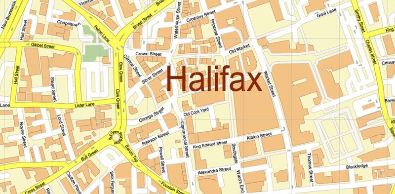 Halifax + Huddersfield UK Map Vector City Plan High Detailed Street Map editable Adobe Illustrator in layers