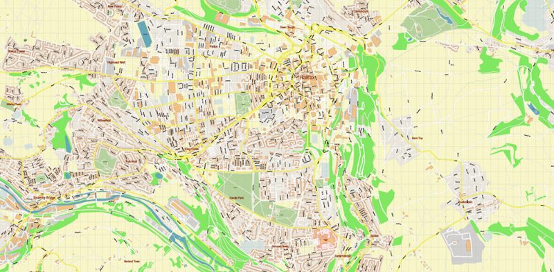 Halifax + Huddersfield UK Map Vector City Plan High Detailed Street Map editable Adobe Illustrator in layers
