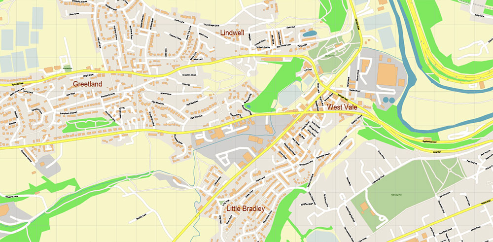 Halifax + Huddersfield UK PDF Vector Map City Plan High Detailed Street Map editable Adobe PDF in layers