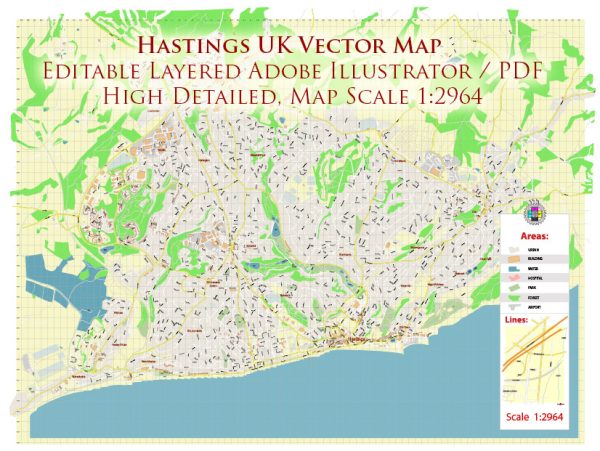 Hastings UK Map Vector City Plan High Detailed Street Map editable Adobe Illustrator in layers