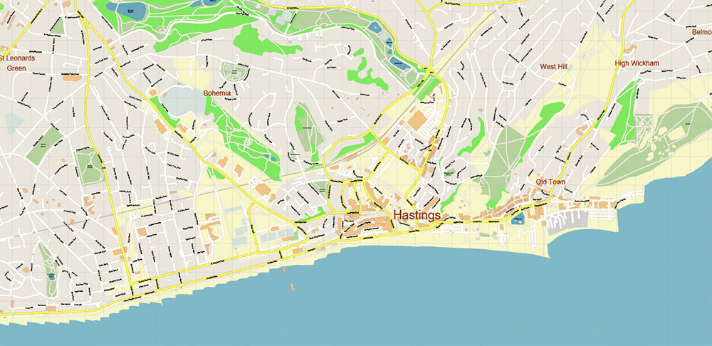 Hastings UK PDF Vector Map: City Plan High Detailed Street Map editable Adobe PDF in layers