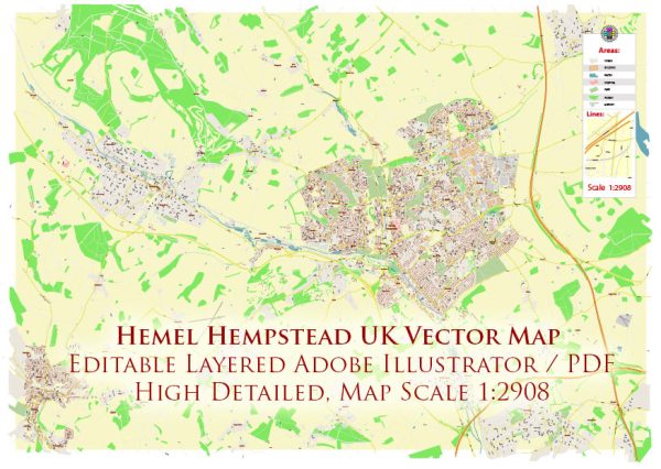 Hemel Hempstead UK Map Vector City Plan High Detailed Street Map editable Adobe Illustrator in layers