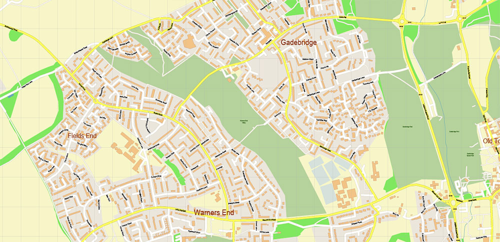 Hemel Hempstead UK PDF Vector Map: City Plan High Detailed Street Map editable Adobe PDF in layers