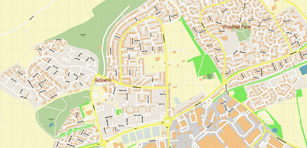 Hemel Hempstead UK PDF Vector Map: City Plan High Detailed Street Map editable Adobe PDF in layers