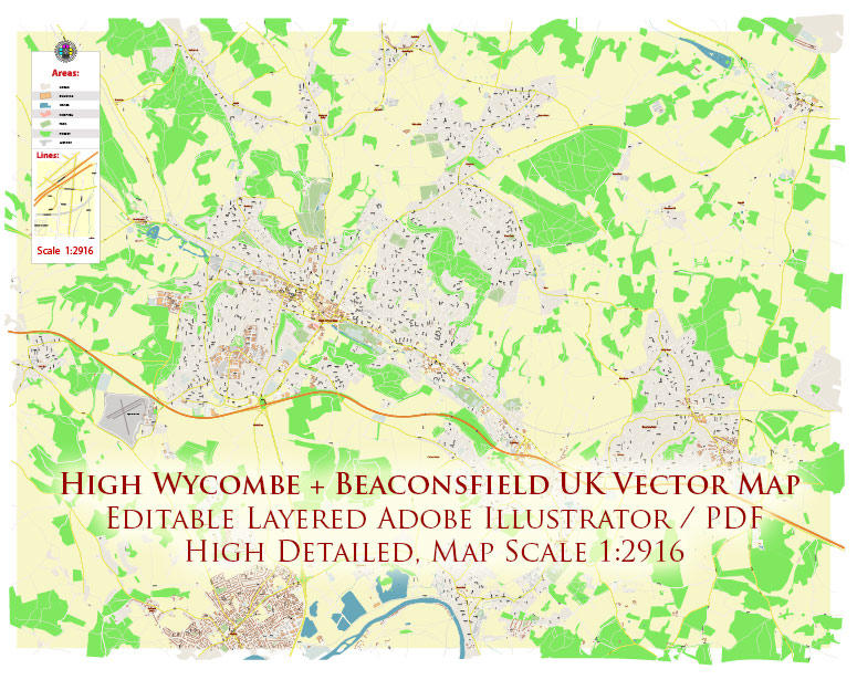High Wycombe + Beaconsfield UK PDF Vector Map: City Plan High Detailed Street Map editable Adobe PDF in layers