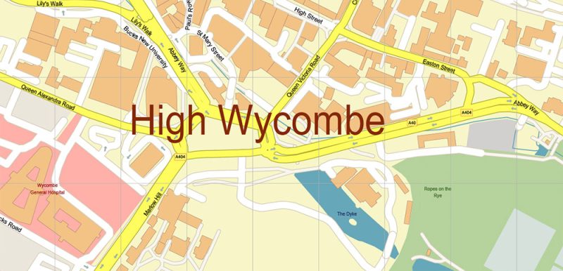 High Wycombe + Beaconsfield UK Map Vector City Plan High Detailed Street Map editable Adobe Illustrator in layers