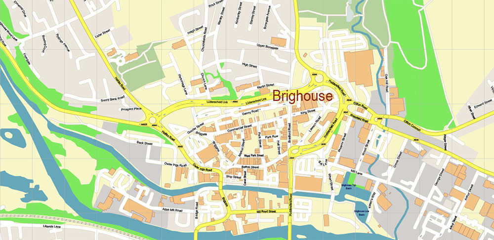 Huddersfield + King Cross + Halifax UK PDF Vector Map: City Plan High Detailed Street Map editable Adobe PDF in layers