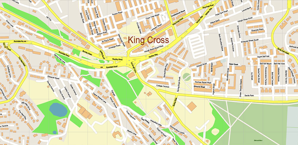 Huddersfield + King Cross + Halifax UK Map Vector City Plan High Detailed Street Map editable Adobe Illustrator in layers