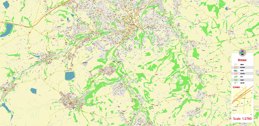 Huddersfield + King Cross + Halifax UK PDF Vector Map: City Plan High Detailed Street Map editable Adobe PDF in layers