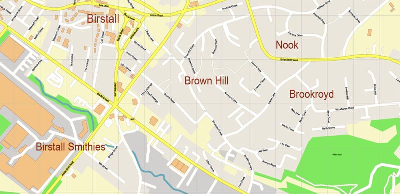 Huddersfield + King Cross + Halifax UK Map Vector City Plan High Detailed Street Map editable Adobe Illustrator in layers