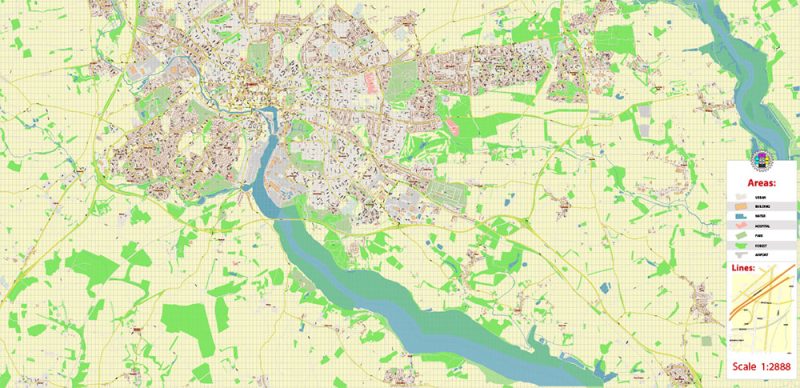Ipswich UK Map Vector City Plan High Detailed Street Map editable Adobe Illustrator in layers