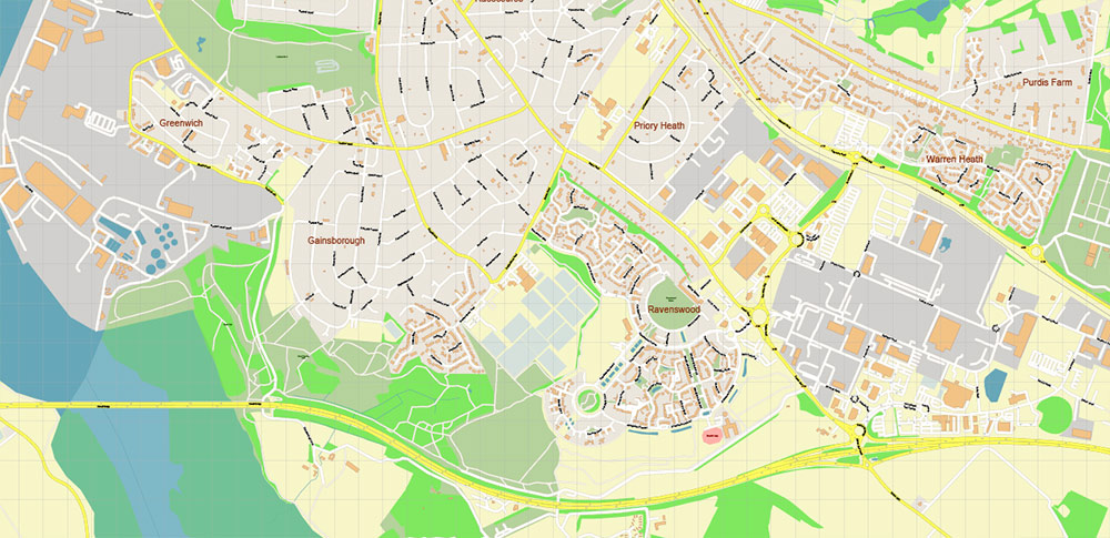 Ipswich UK PDF Vector Map: City Plan High Detailed Street Map editable Adobe PDF in layers