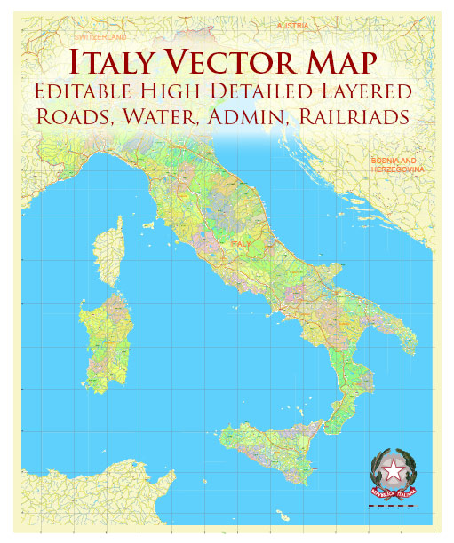 Italy complete country PDF Vector Map: Extra High Detailed Road Map + Admin areas editable Adobe PDF in layers