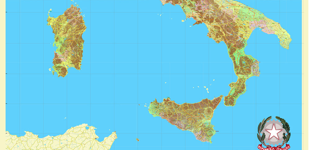 Italy complete country PDF Vector Map: Extra High Detailed Road Map + relief Isolines editable Adobe PDF in layers