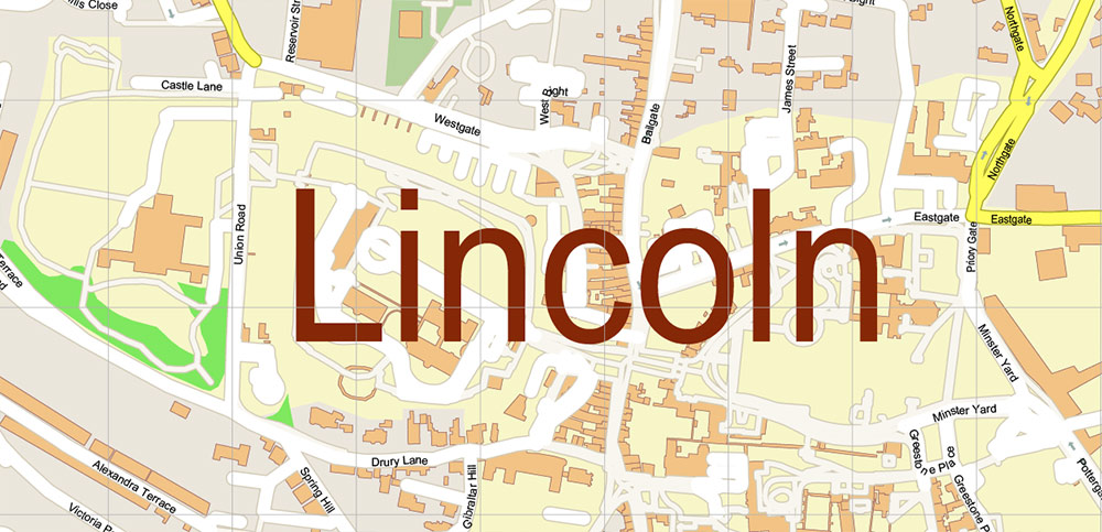 Lincoln UK PDF Vector Map: City Plan High Detailed Street Map editable Adobe PDF in layers