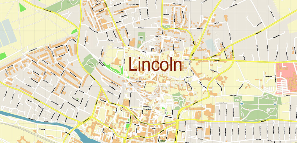 Lincoln UK PDF Vector Map: City Plan High Detailed Street Map editable Adobe PDF in layers