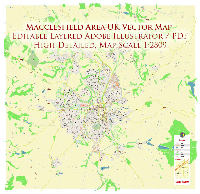 Macclesfield UK Map Vector City Plan High Detailed Street Map editable Adobe Illustrator in layers