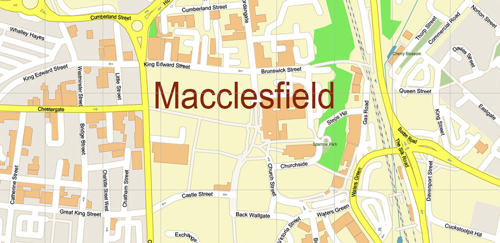 Macclesfield UK PDF Vector Map: City Plan High Detailed Street Map editable Adobe PDF in layers