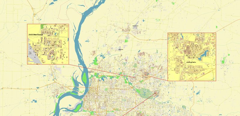 Memphis Tennessee US Map Vector City Plan High Detailed Street Map editable Adobe Illustrator in layers + Fragments special edition