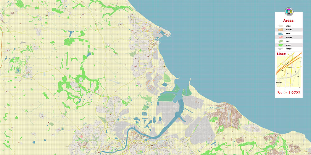 Middlesbrough + Hartlepool + Stockton-on-Tees UK Map Vector City Plan High Detailed Street Map editable Adobe Illustrator in layers