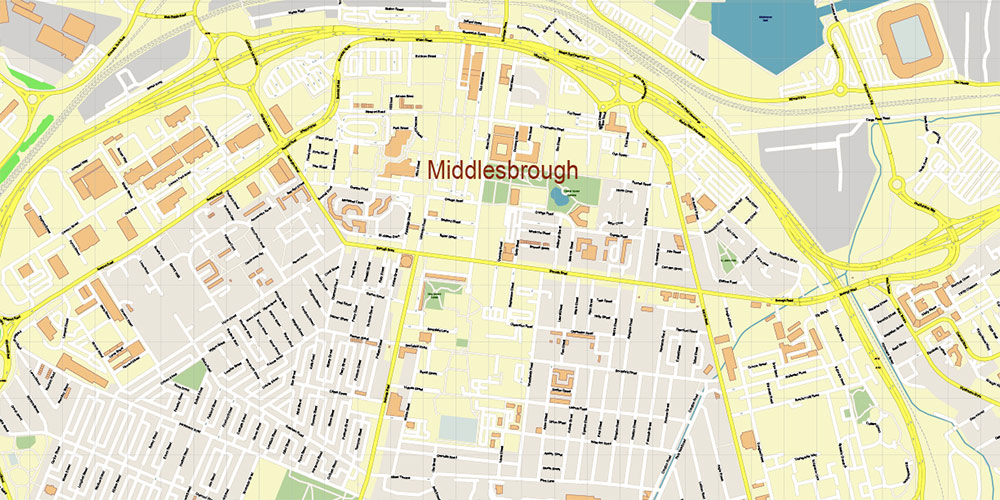Middlesbrough + Hartlepool + Stockton-on-Tees UK Map Vector City Plan High Detailed Street Map editable Adobe Illustrator in layers