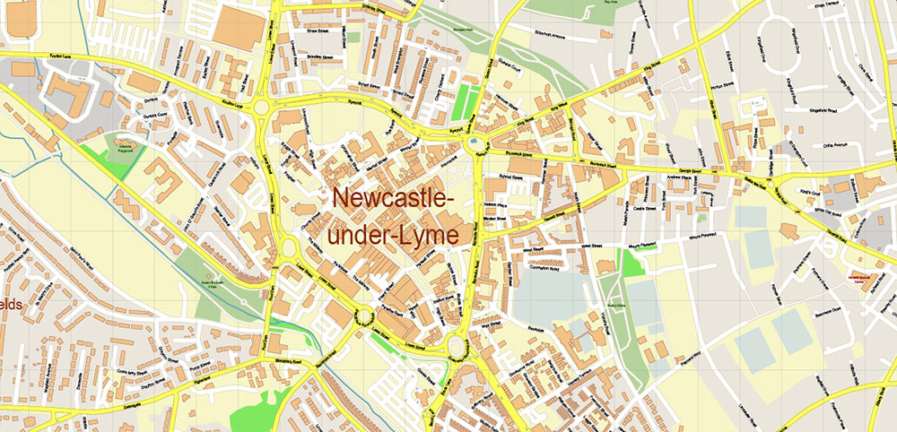 Newcastle-under-Lyme + Stoke-on-Trent UK PDF Vector Map: City Plan High Detailed Street Map editable Adobe PDF in layers