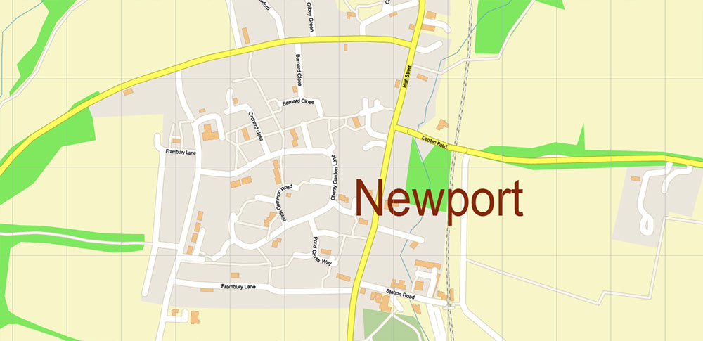 Newport + Saffron Walden UK Map Vector City Plan High Detailed Street Map editable Adobe Illustrator in layers