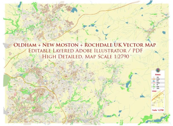 Oldham + New Moston + Rochdale UK Map Vector City Plan High Detailed Street Map editable Adobe Illustrator in layers