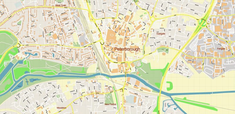 Peterborough Area UK Map Vector City Plan High Detailed Street Map editable Adobe Illustrator in layers
