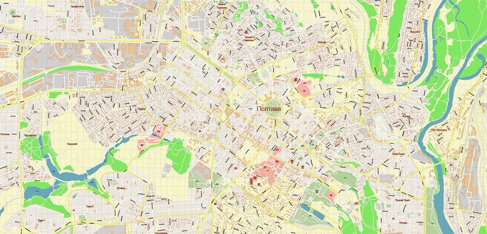 Poltava Ukraine PDF Vector Map: City Plan High Detailed Street Map editable Adobe PDF in layers