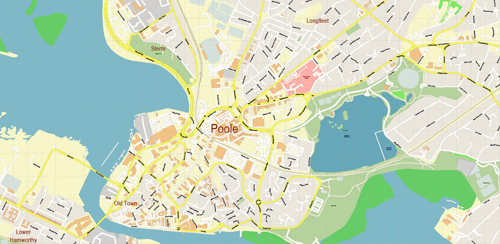 Poole + Bornemouth Area UK PDF Vector Map: City Plan High Detailed Street Map editable Adobe PDF in layers