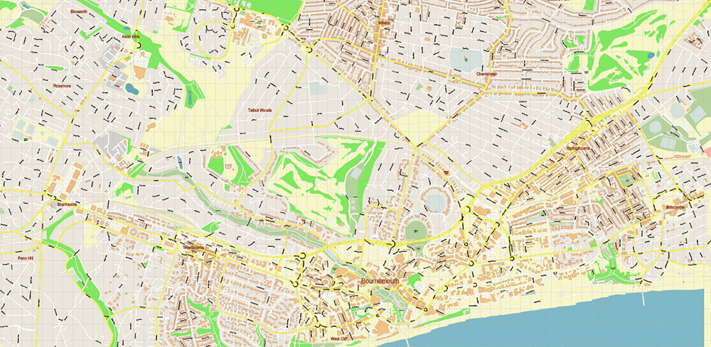 Poole + Bornemouth Area UK PDF Vector Map: City Plan High Detailed Street Map editable Adobe PDF in layers