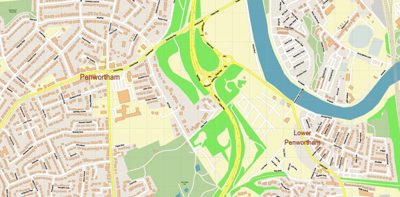 Preston + Blackburn UK Map Vector City Plan High Detailed Street Map editable Adobe Illustrator in layers