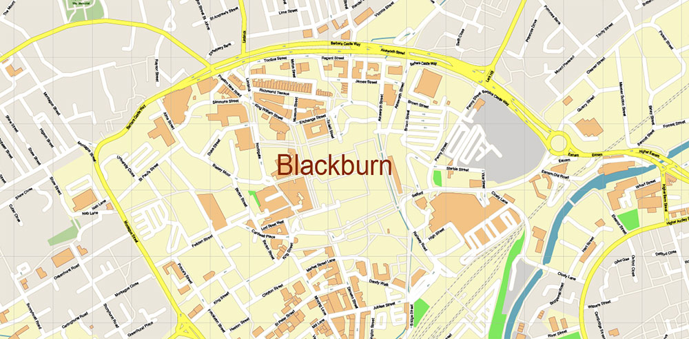 Preston + Blackburn UK Map Vector City Plan High Detailed Street Map editable Adobe Illustrator in layers