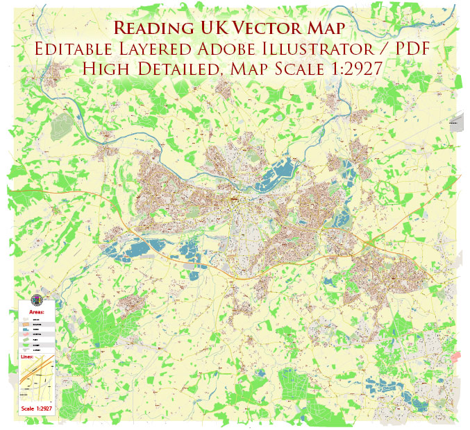 Reading UK Map Vector City Plan High Detailed Street Map editable Adobe Illustrator in layers