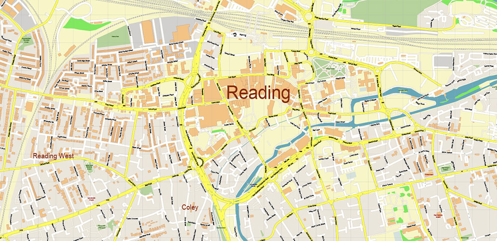 Reading UK PDF Vector Map: City Plan High Detailed Street Map editable Adobe PDF in layers