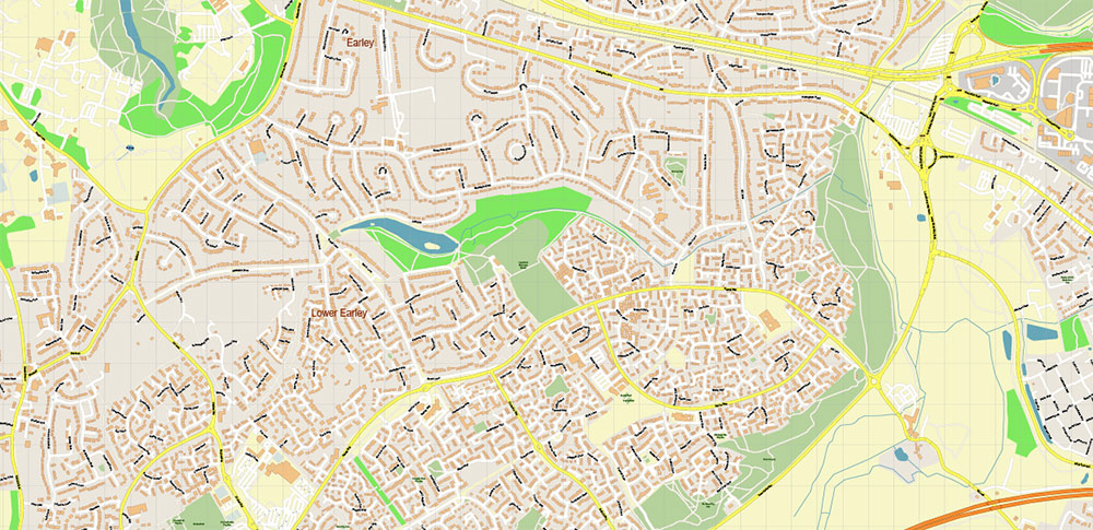 Reading UK PDF Vector Map: City Plan High Detailed Street Map editable Adobe PDF in layers