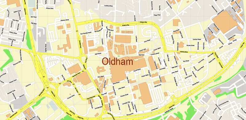 Rochdale + Oldham + Middleton Area UK Map Vector City Plan High Detailed Street Map editable Adobe Illustrator in layers
