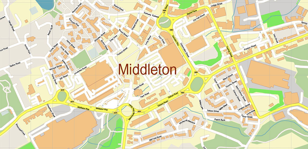 Rochdale + Oldham + Middleton Area UK PDF Vector Map: City Plan High Detailed Street Map editable Adobe PDF in layers