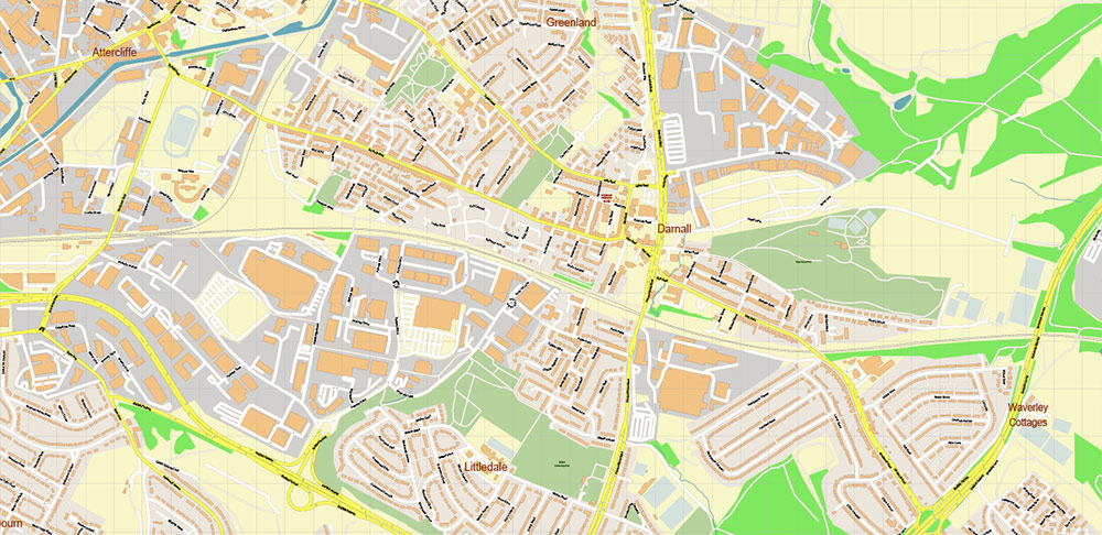 Rotherham Area UK PDF Vector Map: City Plan High Detailed Street Map editable Adobe PDF in layers