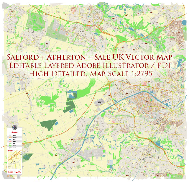 Salford Area UK Map Vector City Plan High Detailed Street Map editable Adobe Illustrator in layers