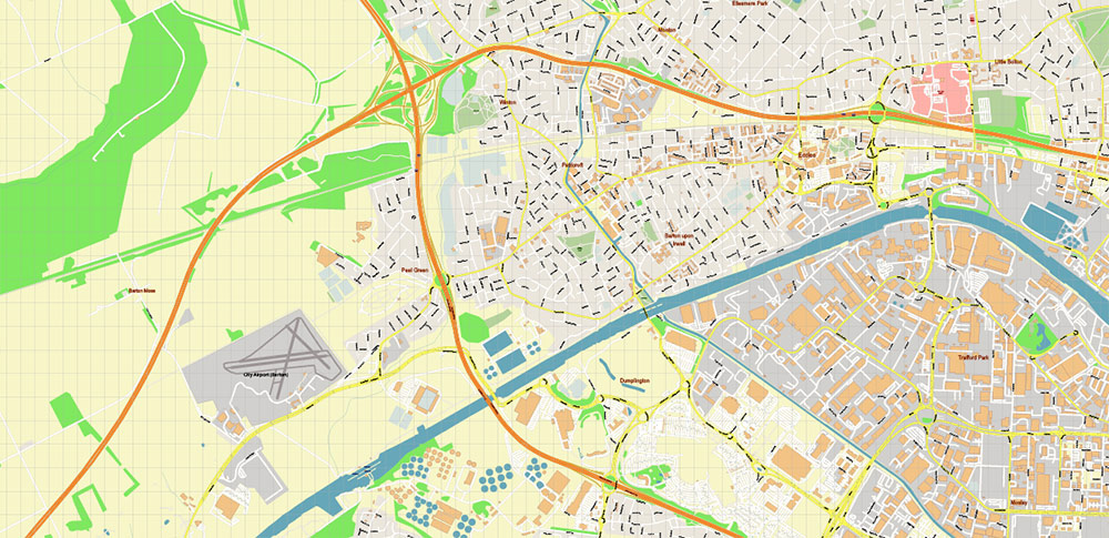 Salford + Atherton + Sale Area UK PDF Vector Map: City Plan High Detailed Street Map editable Adobe PDF in layers