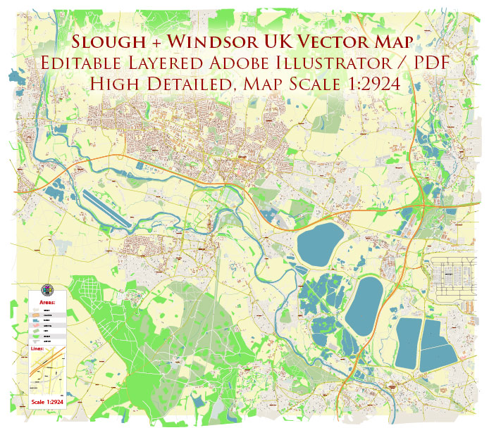 Slough + Windsor Area UK PDF Vector Map: City Plan High Detailed Street Map editable Adobe PDF in layers
